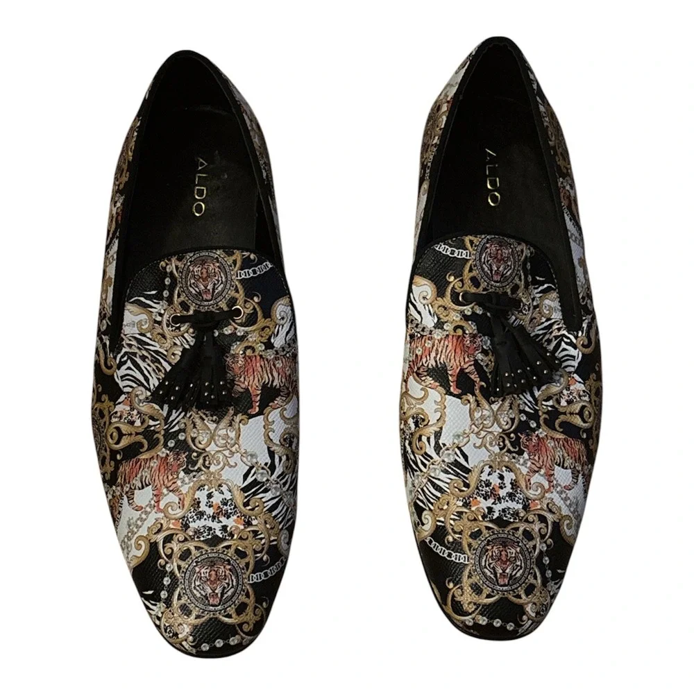 Aldo Mens Baroque Tiger Print Tassel Loafers Black Gold Slip On Shoes Size 10